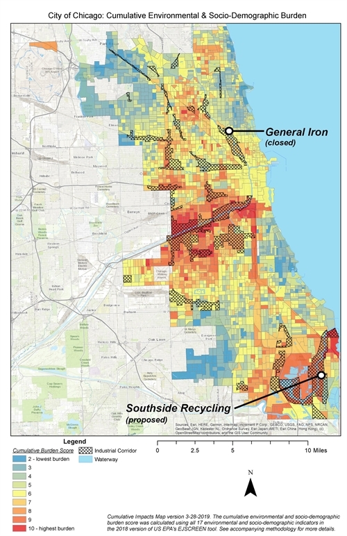 Chicago air quality map with General Iron and Southside Recycling overlaid