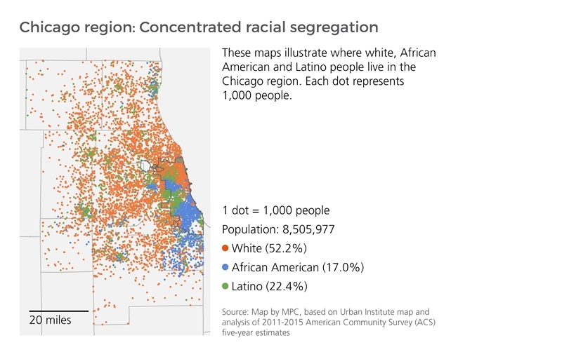 Map of the Chicago region indicating concentrated racial segregation